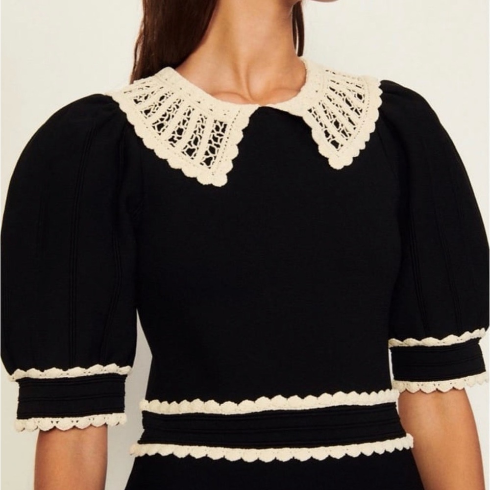 Sandro Black Dress with Cream Crochet Collar and Trim Accents